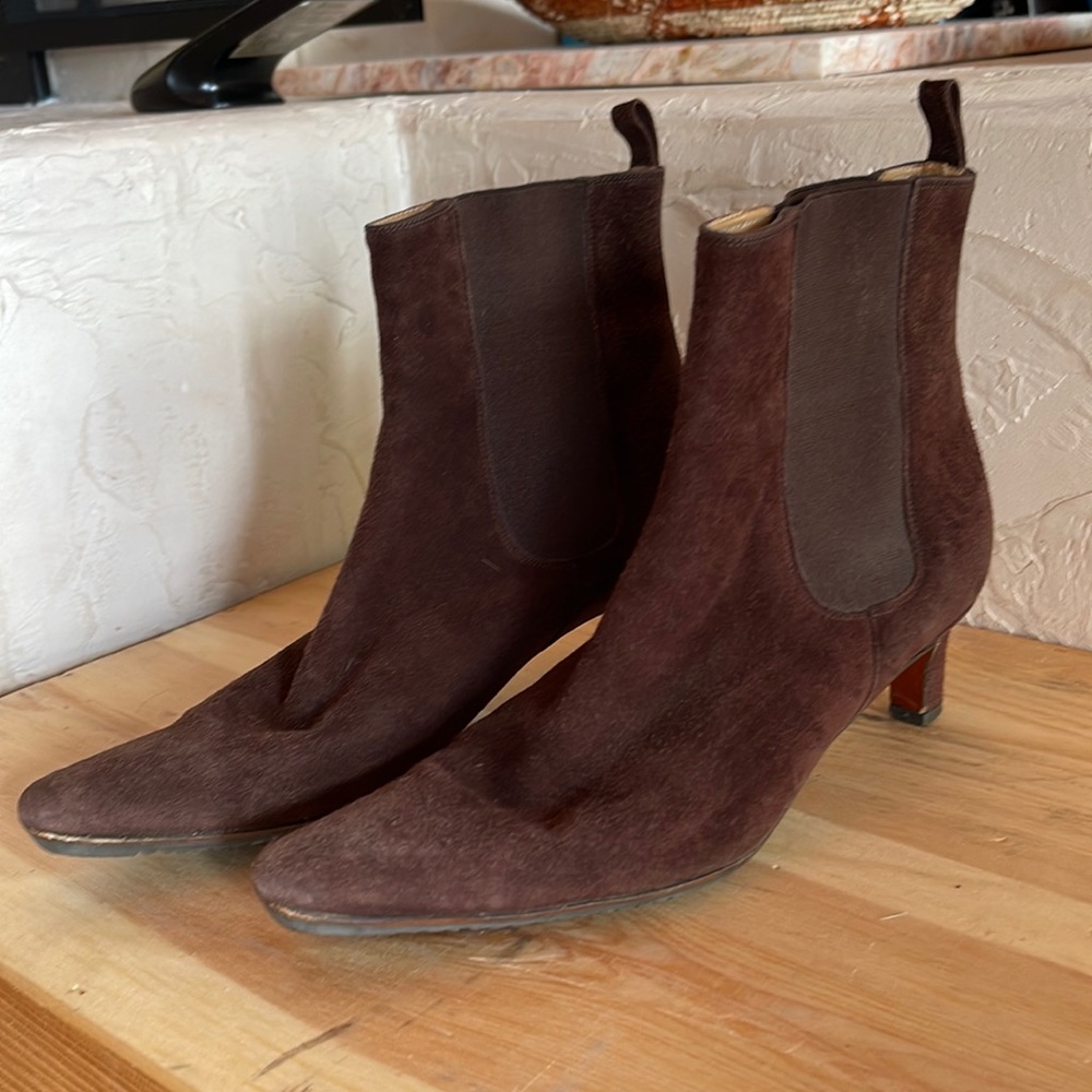 Ralph Lauren brown suede heeled booties.